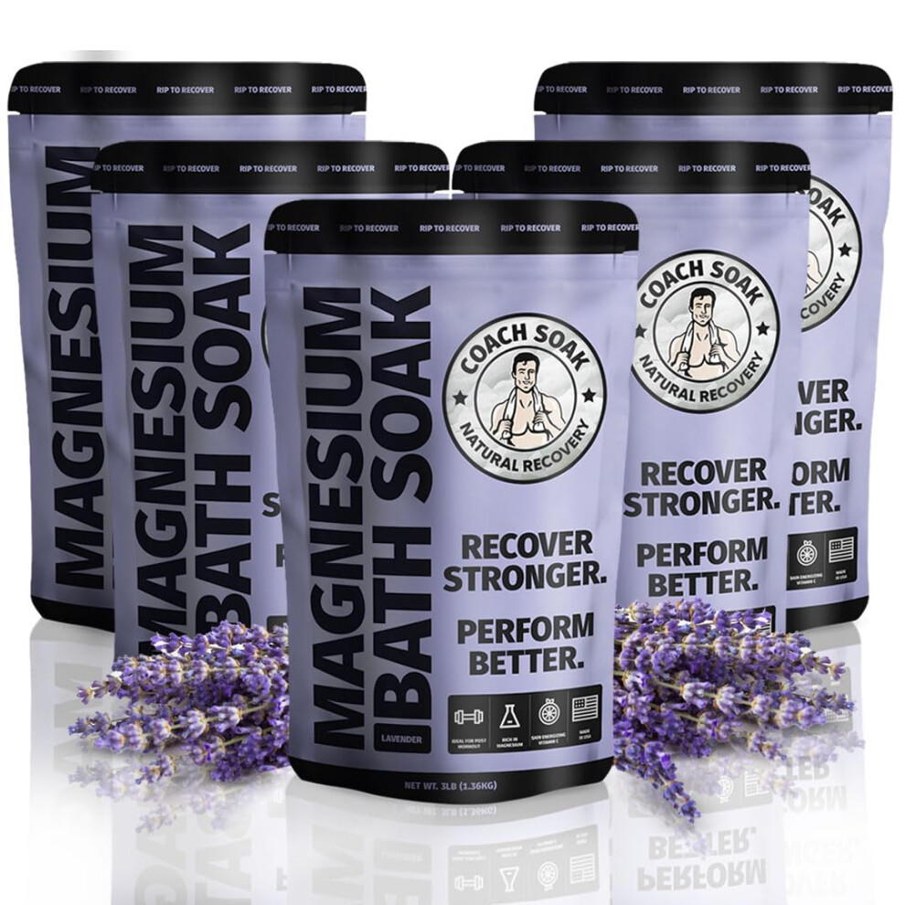 Coach Soak Lavender 5 Pack Bundle: Recovery Bath Soak - Epsom Salt Bulk - Bath Salts Bulk - 5 Pack Bundle - Total Of 15 Pounds (Lavender)