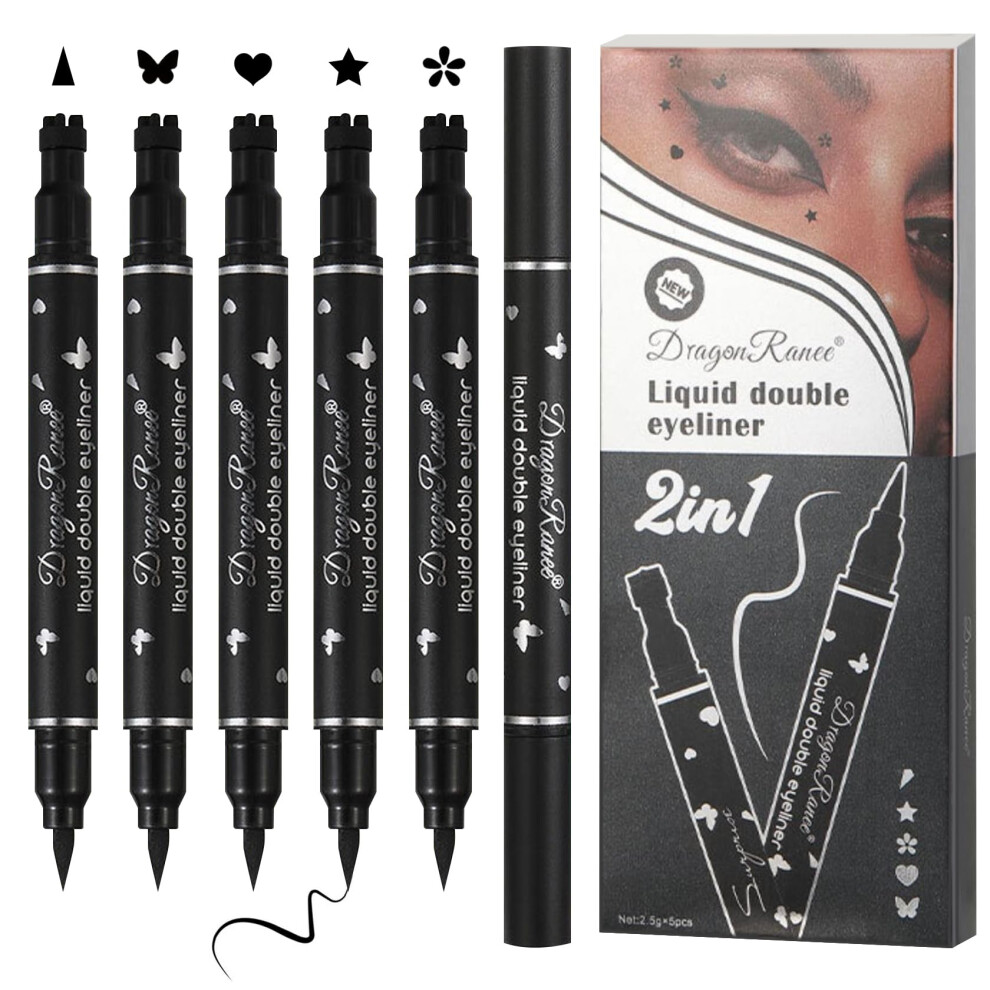 5-Teiliges Set Mit Schwarzen Fl?Ssigen Eyeliner-Stempeln, Doppelseitiger Eyeliner-Schablonenstift Mit Fl?Geln, Wasserfester, Lang Anhaltender Eye-image