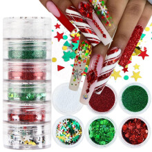 Christmas Nail Art 6 krabicek Holografick snehov vlocky nail art trpytiv vlocky s trpytivm prkem Zelen cerven vnocn strom hvezdicky snehov