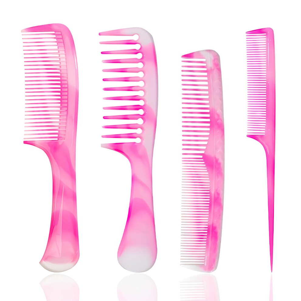 Fhallynn Hair Comb Set - Wide Tooth Fine Tooth Rat Tail And Dual Comb For Women And Men Pink
