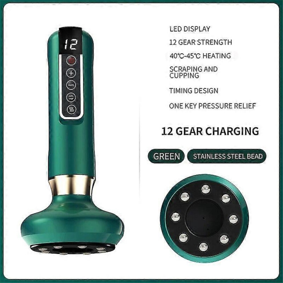 (12 levels-steel bead, Green) Electric Cupping Massager Vacuum Suction Cup Guasha Anti Cellulite Beauty Health Scraping Infrared Heat Slimming Massage Therapy