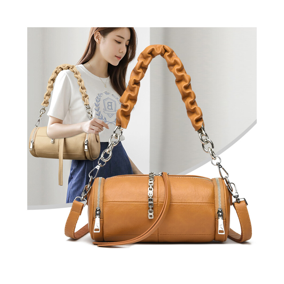 Vintage Messenger Bags Cylinder PU Leather Messenger Handbag Solid Zipper Small Retro Satchel Ladies Purse
