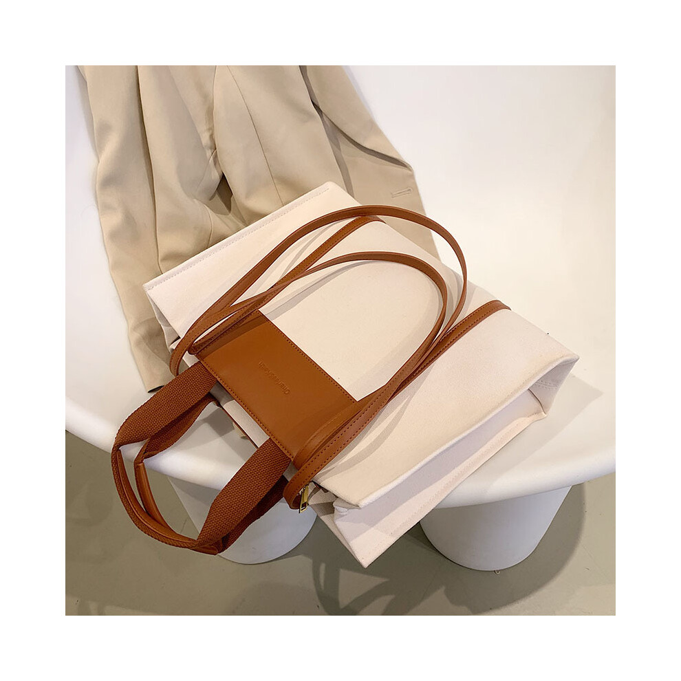(White brown) Canvas Tote Bags for Women with Zip,Casual Women's Totes with Tote Bag  Shopping Bag Beach Bag For Ladies Girls,School,Work,Shopping