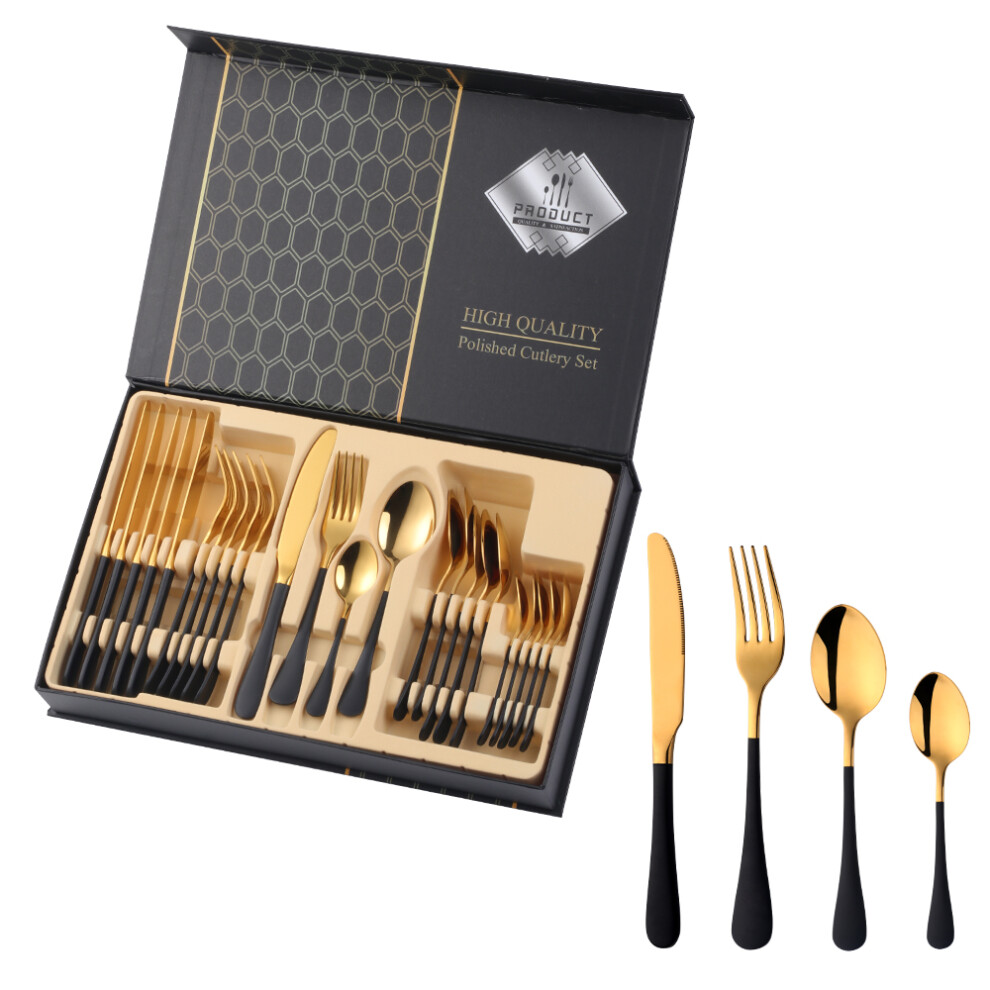 Closkye (F) 24Pcs Cutlery Dinner Set Stainless Steel Dishes Fork Spoon Knife Set Tableware Teaspoons Kitchen Dinnerware Set With Box Gold