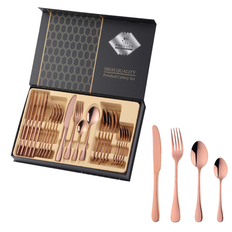 (E) 24PCS Gold Cutlery Dinner Set Stainless Steel Dishes Fork Spoon Knife Set Tableware Teaspoons Kitchen Dinnerware Set With Box