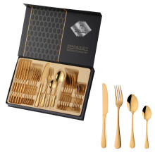(C) 24PCS Gold Cutlery Dinner Set Stainless Steel Dishes Fork Spoon Knife Set Tableware Teaspoons Kitchen Dinnerware Set With Box