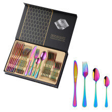 (J) 24PCS Gold Cutlery Dinner Set Stainless Steel Dishes Fork Spoon Knife Set Tableware Teaspoons Kitchen Dinnerware Set With Box