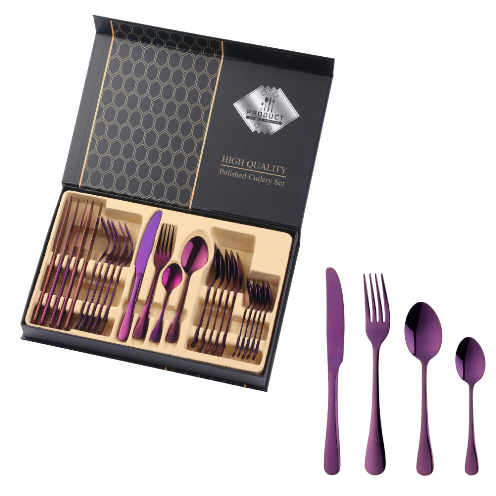 (D) 24PCS Gold Cutlery Dinner Set Stainless Steel Dishes Fork Spoon Knife Set Tableware Teaspoons Kitchen Dinnerware Set With Box