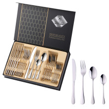 (H) 24PCS Gold Cutlery Dinner Set Stainless Steel Dishes Fork Spoon Knife Set Tableware Teaspoons Kitchen Dinnerware Set With Box