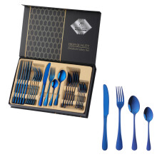 (G) 24PCS Gold Cutlery Dinner Set Stainless Steel Dishes Fork Spoon Knife Set Tableware Teaspoons Kitchen Dinnerware Set With Box