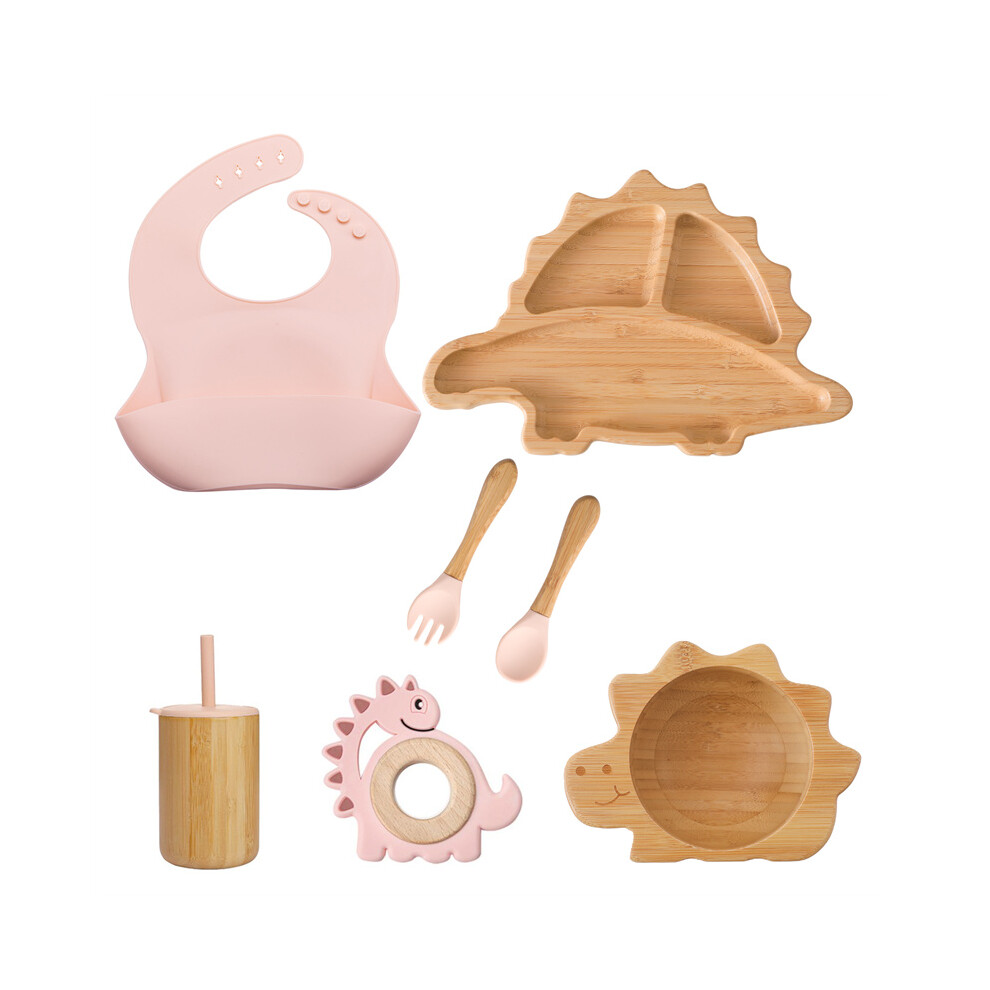 Closkye (7Pcs Pink Dinosaur) Baby Bamboo Wooden Tableware Set Clouds Dinner Plate Sun Bowl With Silicone Suction Fork Spoon Cup Baby Dinnerware Feeding Gift