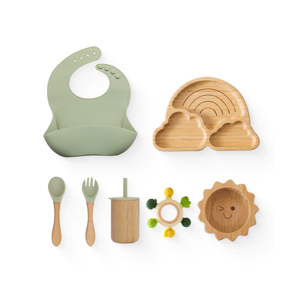 Closkye (7Pcs Green Sun) Baby Bamboo Wooden Tableware Set Clouds Dinner Plate Sun Bowl With Silicone Suction Fork Spoon Cup Baby Dinnerware Feeding Gift