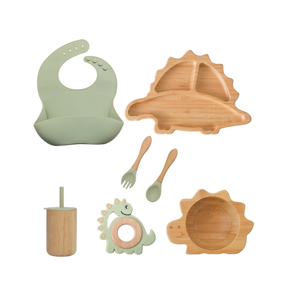 Closkye (7Pcs Green Dinosaur) Baby Bamboo Wooden Tableware Set Clouds Dinner Plate Sun Bowl With Silicone Suction Fork Spoon Cup Baby Dinnerware Feeding Gift