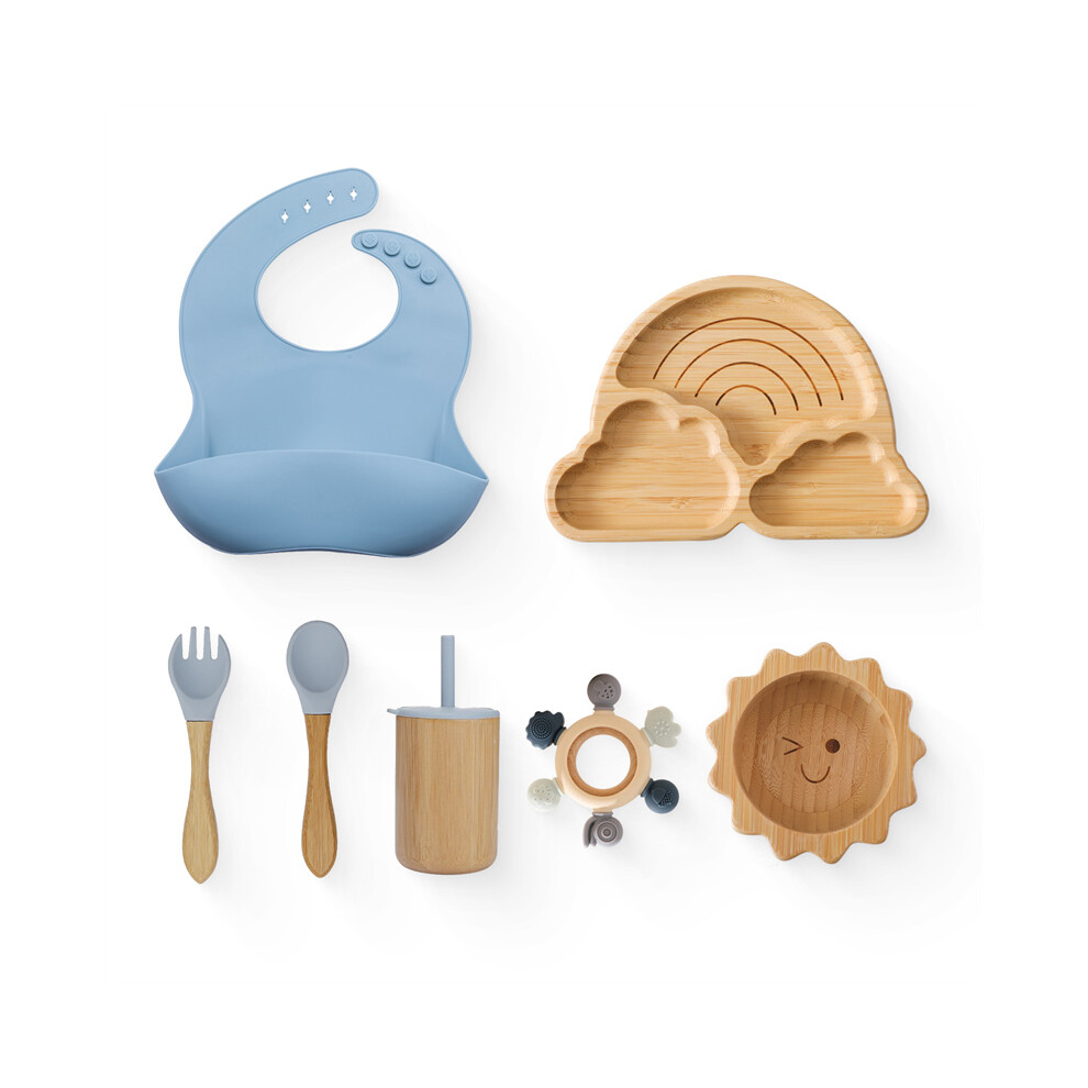 Closkye (7Pcs Blue Sun) Baby Bamboo Wooden Tableware Set Clouds Dinner Plate Sun Bowl With Silicone Suction Fork Spoon Cup Baby Dinnerware Feeding Gift