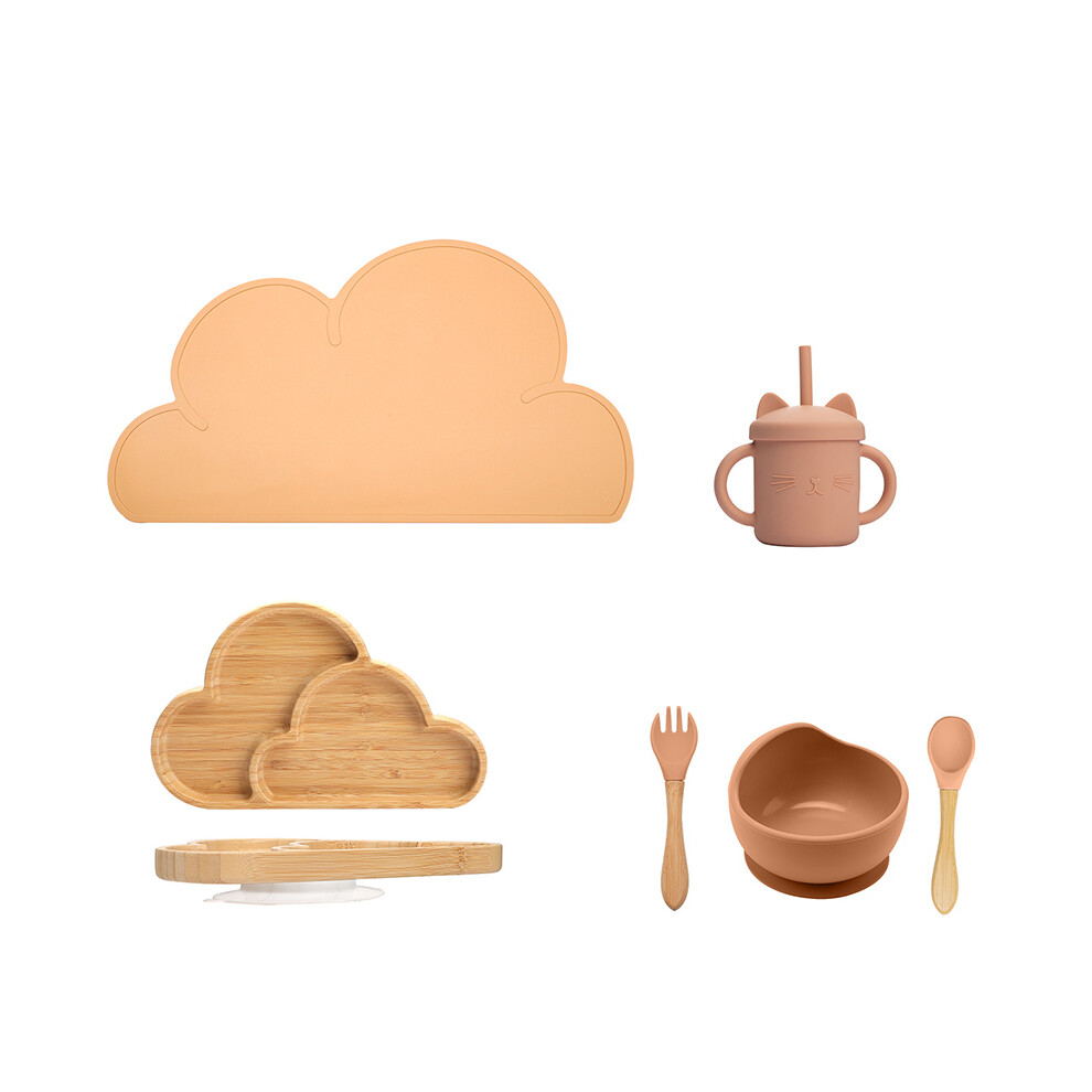 Closkye (6Pcs-B) Baby Bamboo Wooden Tableware Set Clouds Dinner Plate Sun Bowl With Silicone Suction Fork Spoon Cup Baby Dinnerware Feeding Gift