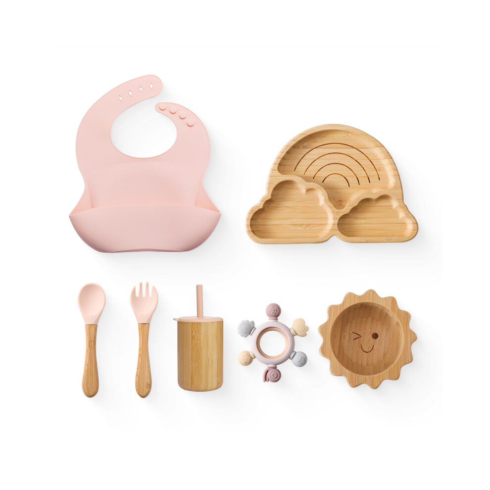 Closkye (7Pcs Pink Sun) Baby Bamboo Wooden Tableware Set Clouds Dinner Plate Sun Bowl With Silicone Suction Fork Spoon Cup Baby Dinnerware Feeding Gift
