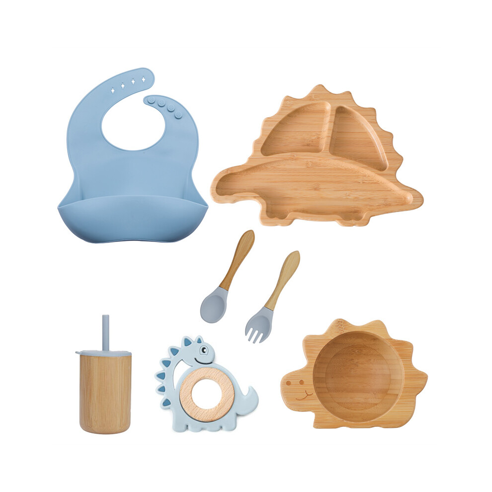 Closkye (7Pcs Blue Dinosaur) Baby Bamboo Wooden Tableware Set Clouds Dinner Plate Sun Bowl With Silicone Suction Fork Spoon Cup Baby Dinnerware Feeding Gift