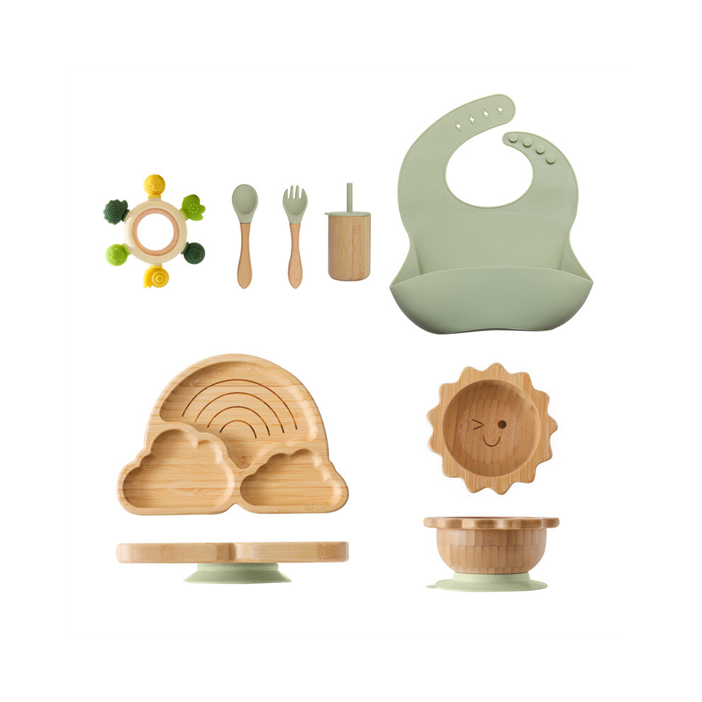 Closkye (7Pcs Set-01) Bamboo Wooden Rainbow Dinner Plate Children Tableware Tool Baby Tableware Set Bpa Free Silicone Baby Bib Infant Feeding Supplies