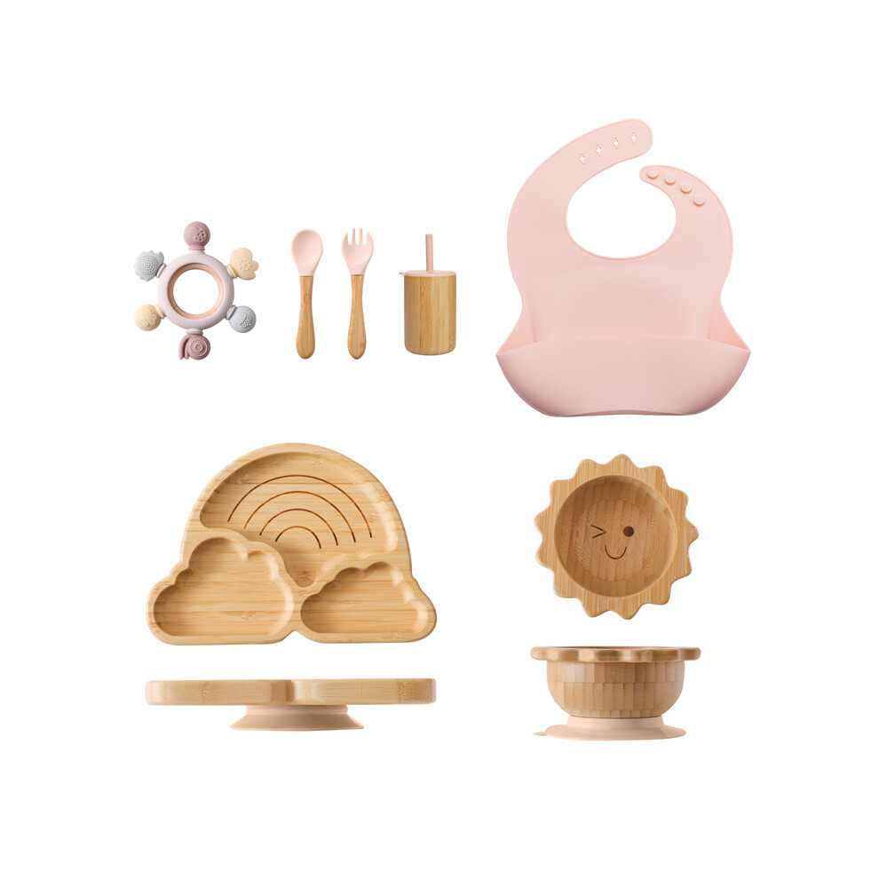 Closkye (7Pcs Set-02) Bamboo Wooden Rainbow Dinner Plate Children Tableware Tool Baby Tableware Set Bpa Free Silicone Baby Bib Infant Feeding Supplies