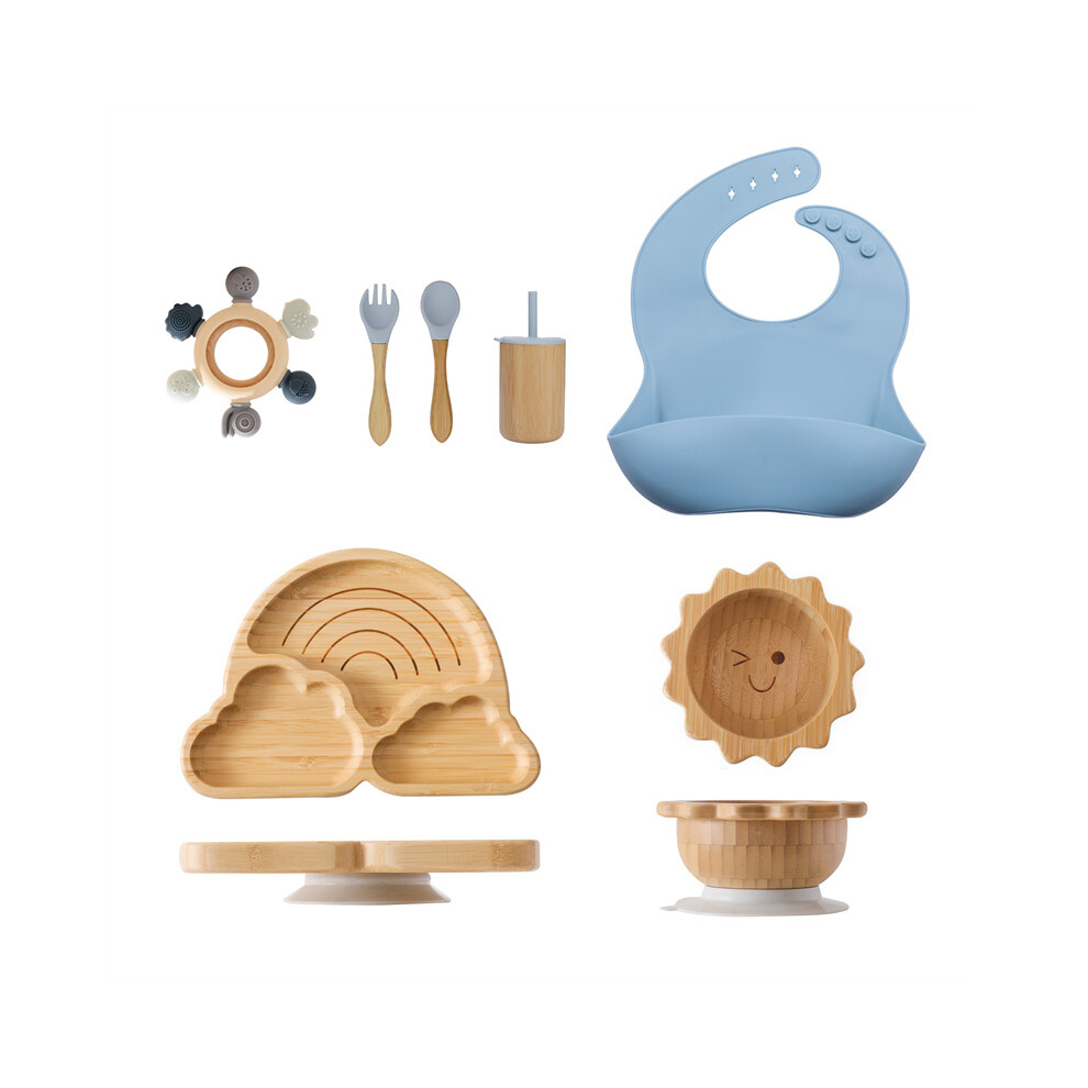 Closkye (7Pcs Set-03) Bamboo Wooden Rainbow Dinner Plate Children Tableware Tool Baby Tableware Set Bpa Free Silicone Baby Bib Infant Feeding Supplies