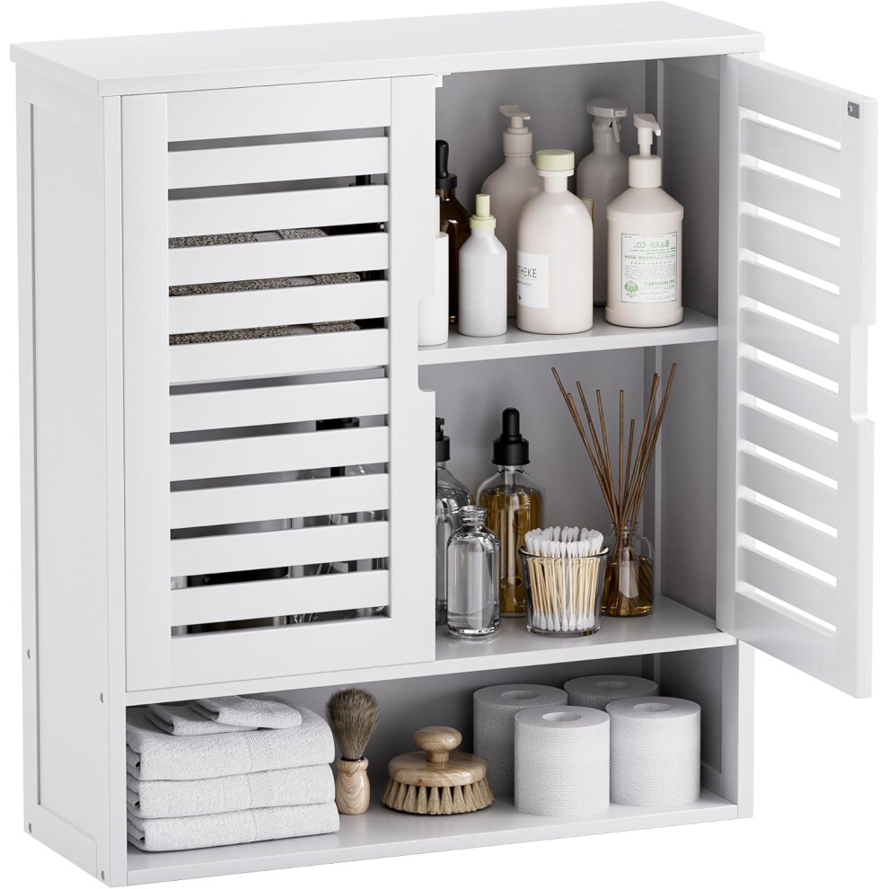 (White) Bathroom Cabinet Wall Mounted, Bamboo Over-The-Toilet Storage Organizer, Space Saver Medicine Cabinet with 2 Door and Adjustable Shelves (White)