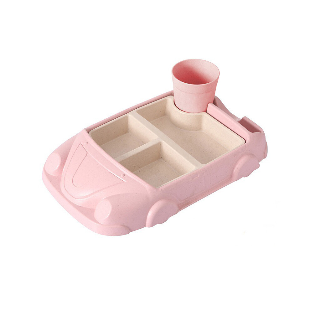 Closkye (Pink) Creative Cartoon Car Plate Baby Dishes Set Bamboo Fiber Plate Cup Sub-Grid Bowl Children's Gift Tableware Set Feeding Dishes