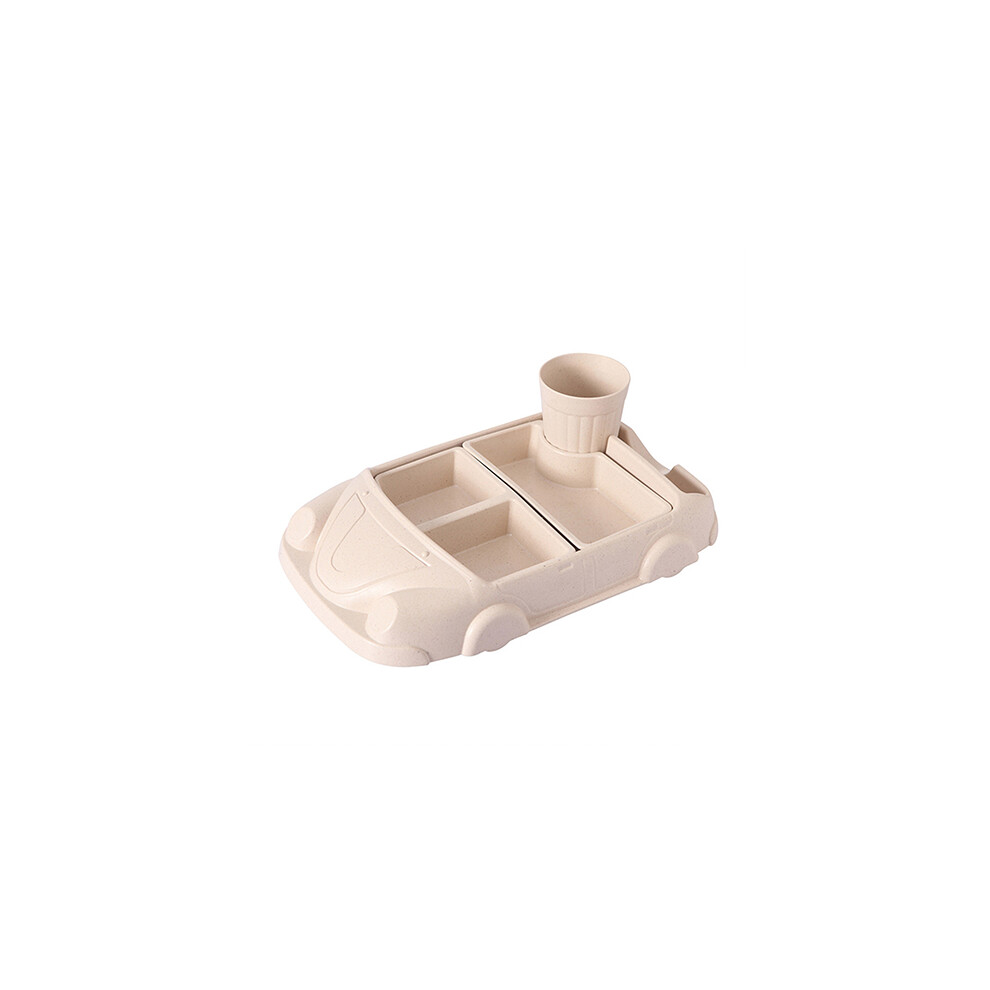 Closkye (Beige) Creative Cartoon Car Plate Baby Dishes Set Bamboo Fiber Plate Cup Sub-Grid Bowl Children's Gift Tableware Set Feeding Dishes