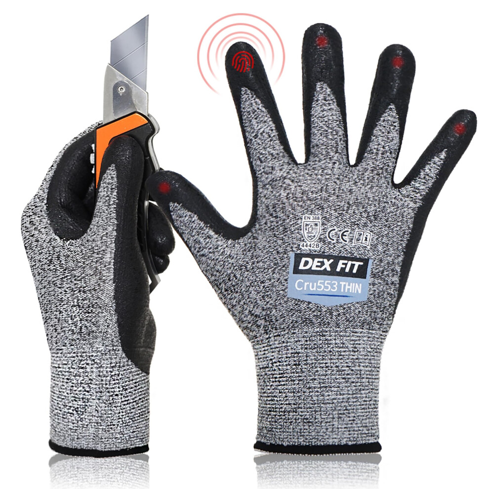 Dex Fit Cru553 Thin Guanti Anti Taglio Livello 5 Ultrasottili-3D Fit, Presa Antiscivolo In Nitrile, Leggeri E Traspiranti, Touchscreen, Lavabili; Grigio M (8) 3 Paia-image
