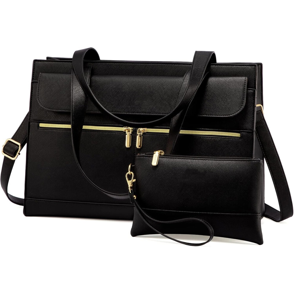(15.6 inch, A-black) Laptop Bags for Women Ladies Work Bags Large Tote Bag with Laptop Compartment Designer Handbag Stylish