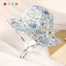 Adjustable Sun Hat Made of Cotton Floppy Disk for Children, Cartoon Print, Bucket Hat for Boys and Girls, Cap Circumference 50-52 Cm (Blue + Mushroom)