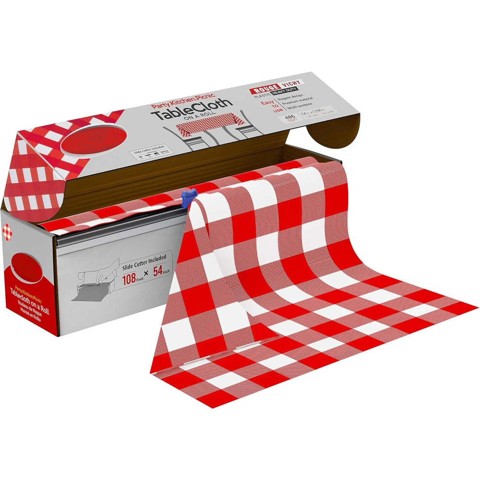 (Red Checkered) Neatiffy Disposable Plastic Table Cloth Roll | 54 in x 108 Ft Waterproof Tablecloth