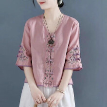 (M, Pink) Vintage Embroidered Button Linen Cotton Shirt Women's Loose Short V-neck Top