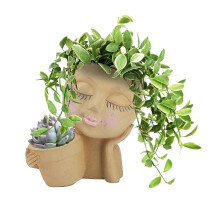 (beige, One size) Face Flower Pot Dual Planter Home Decor Gardening Cute Flowerpot Resin Creative Closed Eyes Figure Sculpture Multicolor