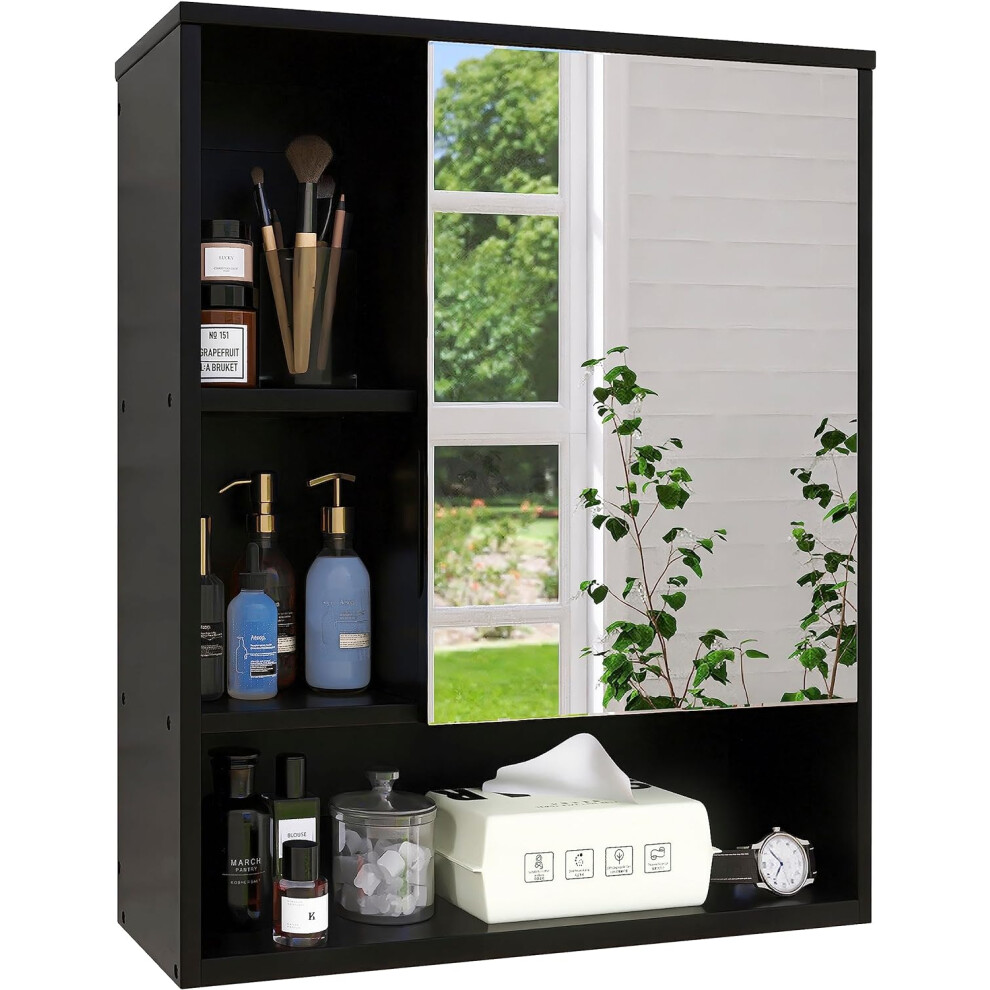 (Black) Bathroom mirror cabinet wall mounted, bamboo space saving medicine cabinet