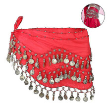 (Red, One size) Hip Scarf For Belly Dancing, Women's Belly Dance Scarf With Coin Skirt