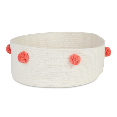 WHITE PET BASKET WITH PINK POM POMS on OnBuy