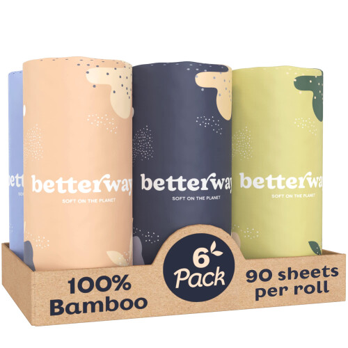 Betterway Χαρτιά κουζίνας από μπαμπού - 6 Ρολλοί, 2 Ply - Χωρίς Πλαστικό, Αναλώσιμα