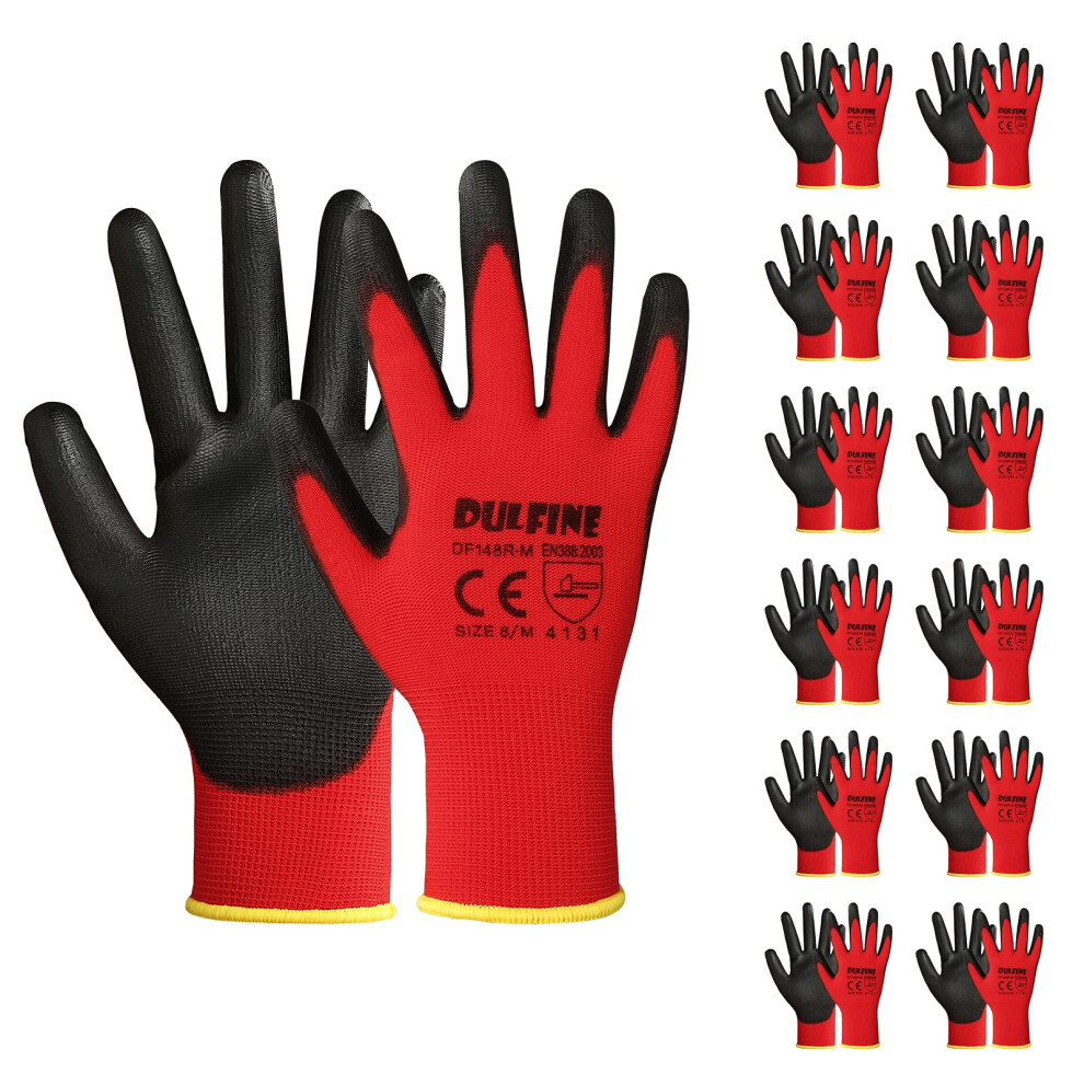 Dulfine Safety Work Gloves Pu Coated-12 Pairs Red Seamless Knit Glove 077063075320