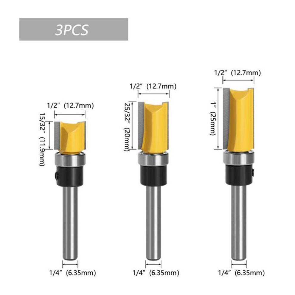 (yellow, 3pcs) 1/3/4pc 1/4 Inch 6.35mm Shank Template Trim Hinge Mortising Router Bit Straight End Mill Trimmer Cleaning Flush Trim Tenon Cutter For Woodworking