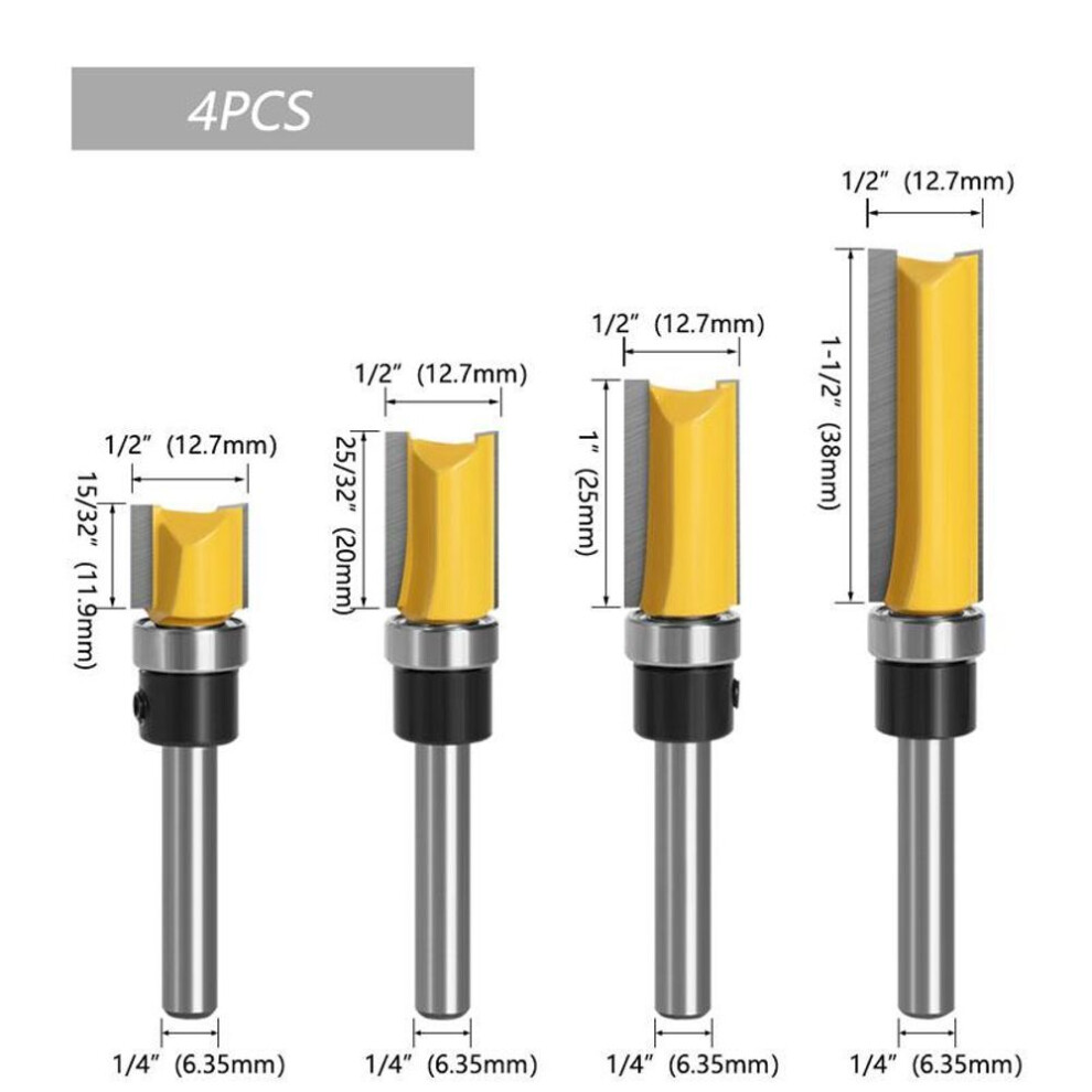 (yellow, 4pcs) 1/3/4pc 1/4 Inch 6.35mm Shank Template Trim Hinge Mortising Router Bit Straight End Mill Trimmer Cleaning Flush Trim Tenon Cutter For Woodworking