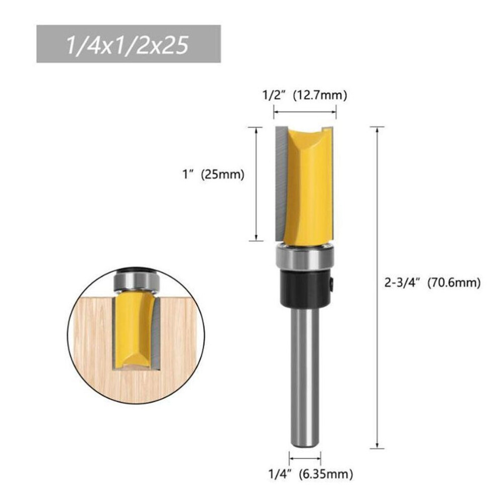 (yellow, 1/4*1/2*25) 1/3/4pc 1/4 Inch 6.35mm Shank Template Trim Hinge Mortising Router Bit Straight End Mill Trimmer Cleaning Flush Trim Tenon Cutter For Woodworking