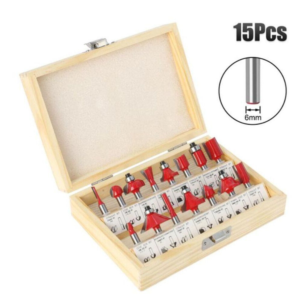 (red, 6mm shank with box) 15pcs/set Woodworking Milling Cutters 6mm 1/4inch 8mmshank Carbide Router Bit For Wood Cutter Engraving Cutting Tools