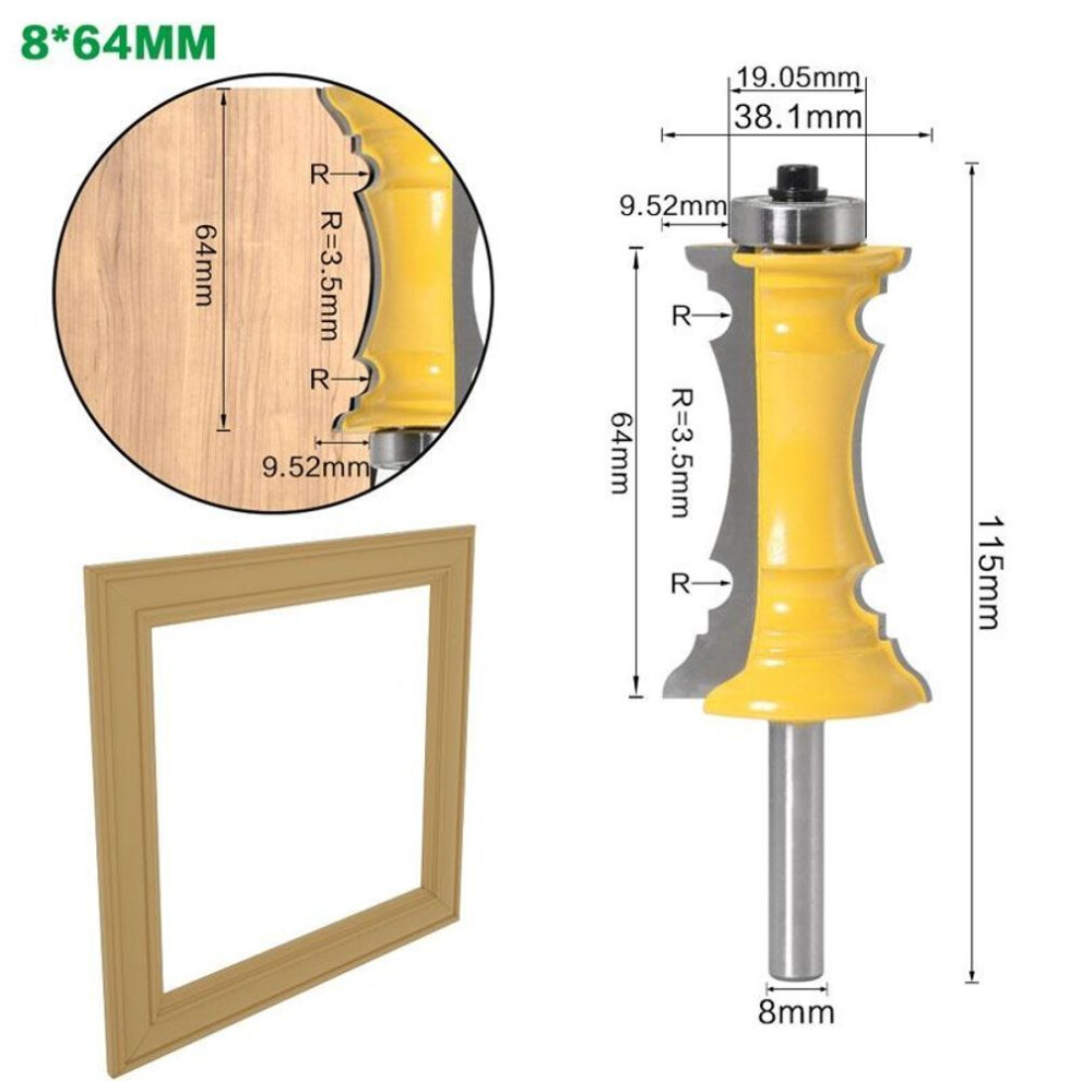 (yellow, 8*64) 1pc Mitered Drawer Front Molding Router Bit Door Handrail Line Tenon Cutter For Wood Tools - 8mm 12mm 1/2inch Shank