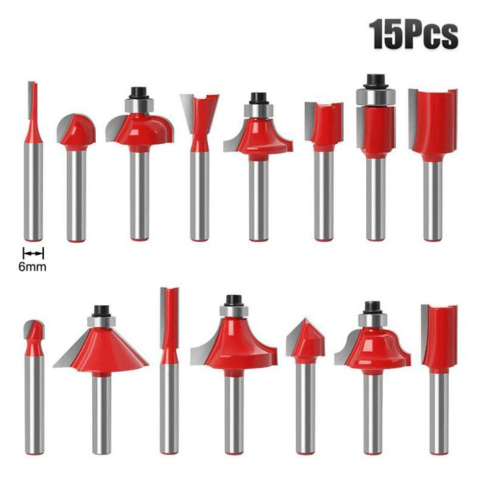 (red, 6mm shank) 15pcs 1/4inch 8mm 6mm Router Bit Set Trimming Straight Milling Cutter For Wood Bits Tungsten Carbide Cutting Woodworking