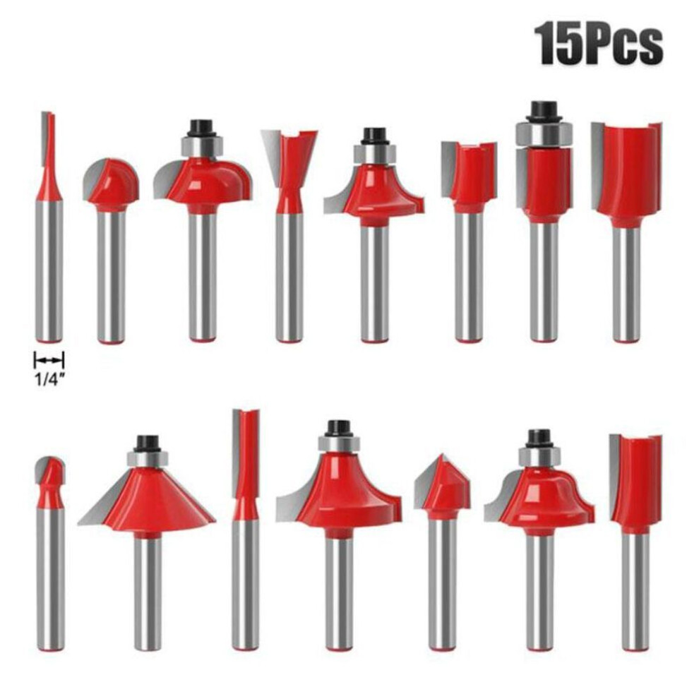 (red, 1/4inch shank without box) 15pcs/set Woodworking Milling Cutters 6mm 1/4inch 8mmshank Carbide Router Bit For Wood Cutter Engraving Cutting Tools