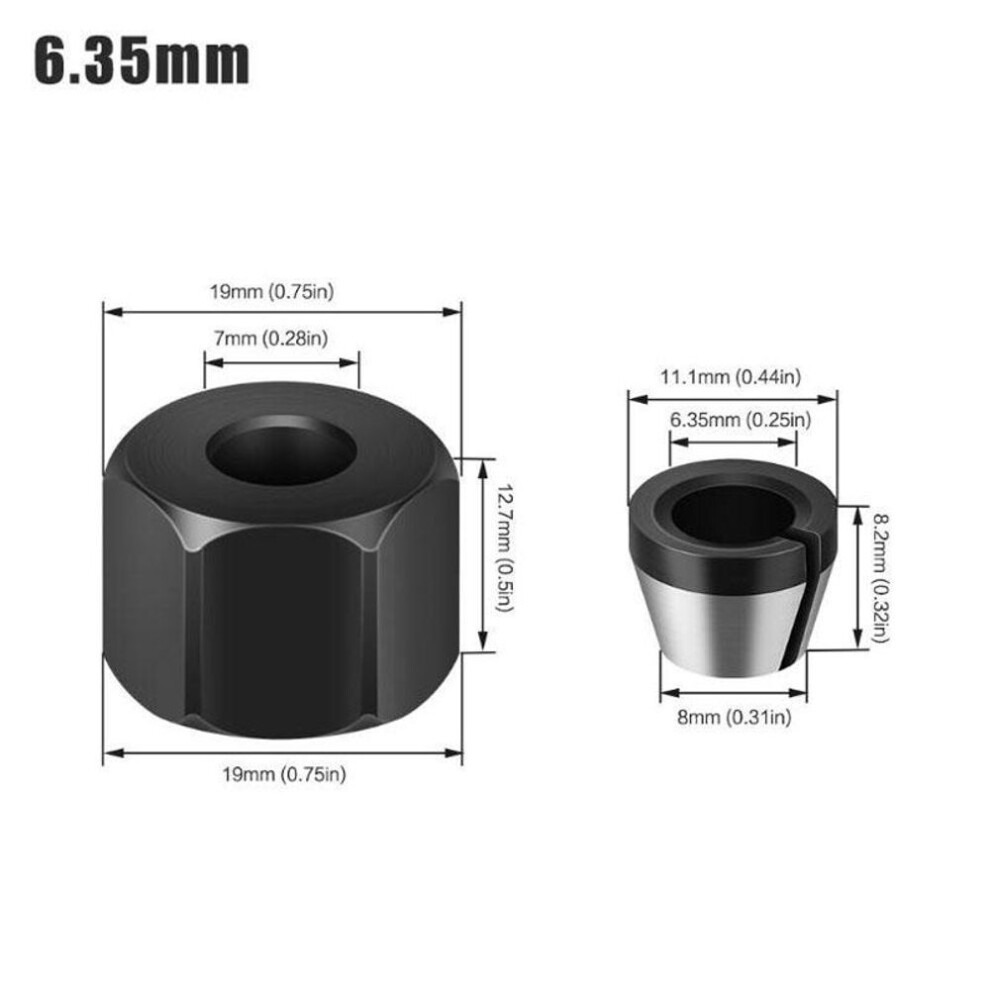 (black, 6.35mm chuck+nut) 6mm 6.35mm 8mm Collet Chuck Engraving Trimming Machine With Nut Router Bit Adapter Electric Router Milling Cutter Accessories