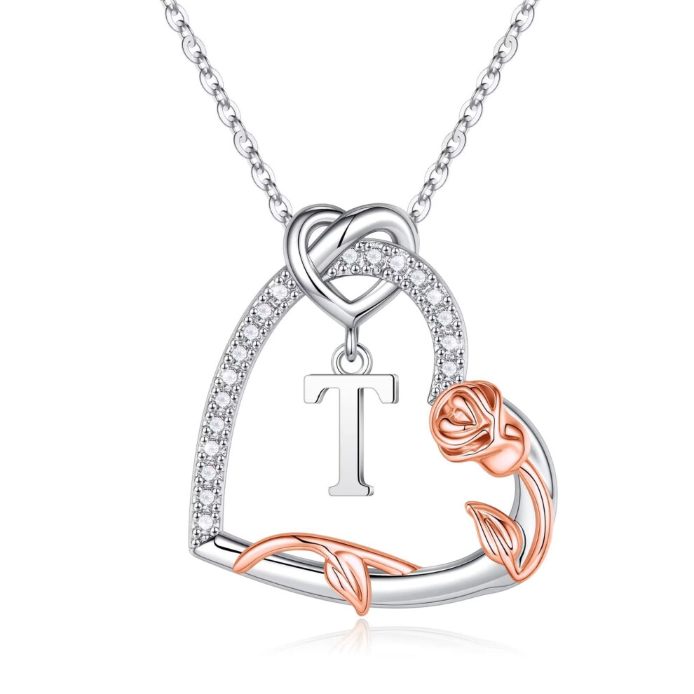 Collier en forme de c   ur en rose, cadeau pour femme, en argent sterling 925, initiale T Let