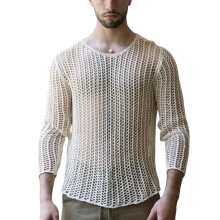 (White, 2XL) Men Mesh Top See Through Hollow-out Sexy Polyester Knitted Mesh Top
