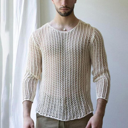 (Black, M) Men Mesh Top See Through Hollow-out Sexy Polyester Knitted Mesh Top 2
