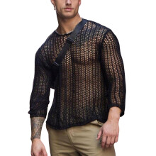 (Black, 3XL) Men Mesh Top See Through Hollow-out Sexy Polyester Knitted Mesh Top